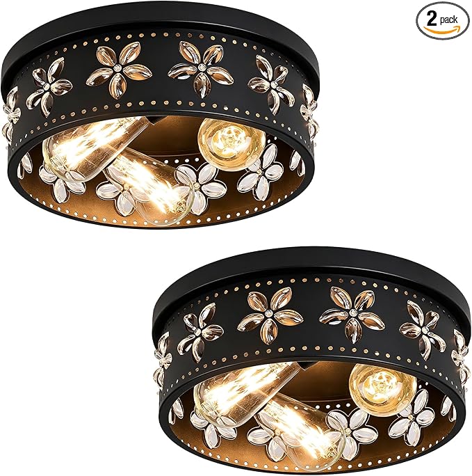 12.6 Inch Black Flush Mount Ceiling Light Fixture, 2 Pack | 3-Light, Flower, Farmhouse, Kitchen, Dining Room, Bedroom, Living Room, Foyer, Entryway