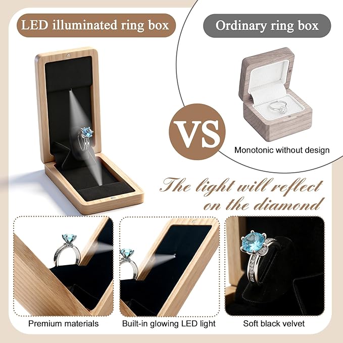 Wooden Engagement Ring Box For Proposal Jewelry Gift Box Wood Rotating Wedding Day Ring Box With Led Light Gift Packaging(Ash Wood)