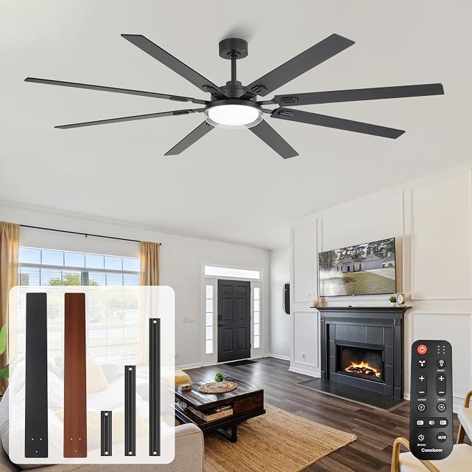 80 Inch Ceiling Fans with Lights and Remote,Living Room Office Library Cafe Outdoor, 5CCT Dimmable, Dual Color 8 Blades, 6 Speed Reversible Quiet DC Motor, Dual-Layer Shade, Black/Wood Grain