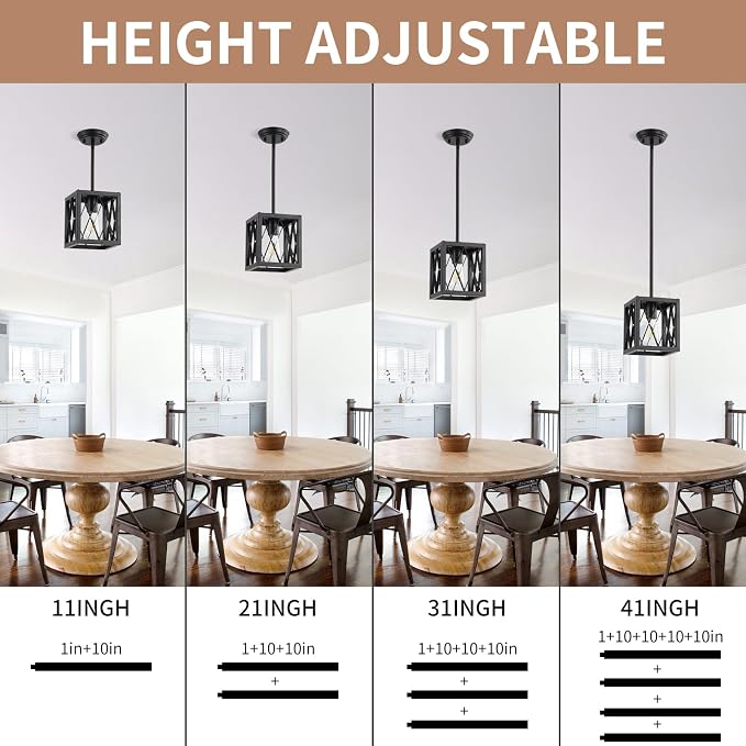 KEESFU Farmhouse Pendant Light with Metal Cage,1 Light Black Pendant Lighting for Kitchen Island,39 Inch Adjustable Rods for Flat and Slop Ceiling,Kitchen Island Hallway Foyer.2 Pack.