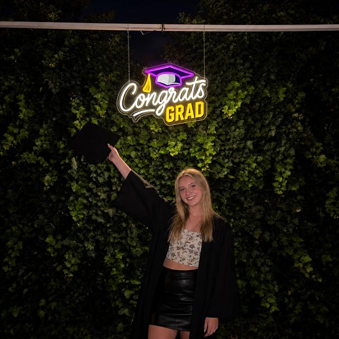 Congrats Grad Neon Sign Dimmable LED Graduation Party Wall Decor | Congrats LED Neon Light with Graduation Cap for Classroom, Dorm, Prom Backdrop, Graduation Party Decorations & Gifts