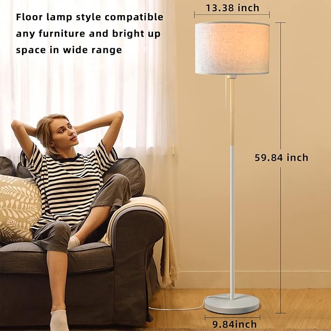 LALISU Bedroom Floor Lamp Farmhouse Floor Lamps for Living Room Mid-Century Pole Lamp Linen Lamp Shade, Standing Tall Lamps for Bedrooms and Office (White)