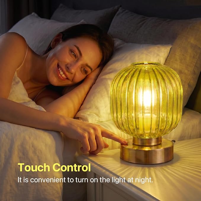 Elenhome Green Touch Glass Table Lamp Set of 2, 3-Way Dimmable Bedside Lamps, Vintage Mid-Century Modern Nightstand Lamps for Bedroom and Living Room, Ambient Mood Lighting, LED Bulb Included