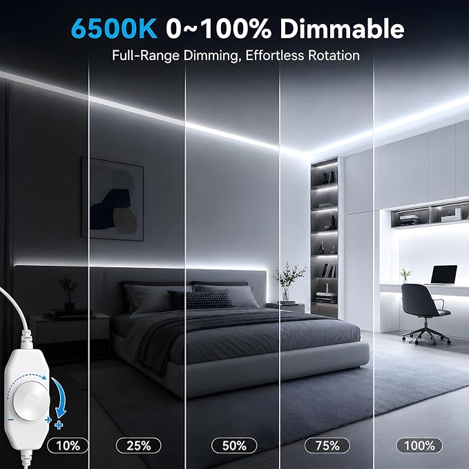 GUPUP 16.4ft COB Turnable Rope Light, White LED Strip Light, 6500K 24V | 1600 LEDs Density Lighting Strip with Dimmable Switch, 3M Adhesive, CRI≥90, for Cabinet, Kitchen, Mirror, Home Decoration