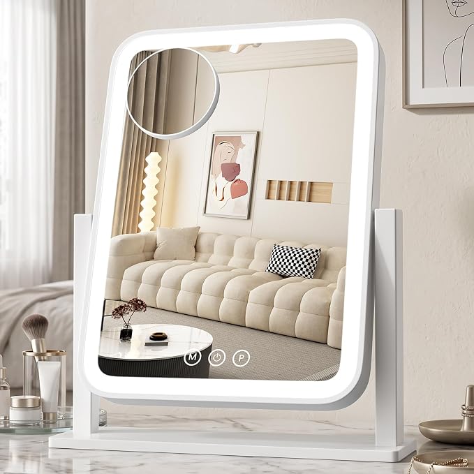 Vanity Mirror with Lights 12.6"x 16.2", LED Makeup Mirror, 3 Color Lighting Modes, 10X Magnification, Smart Touch Control, Dimmable, Aluminum Metal Frame, Lighted Up for Vanity Desk (White)