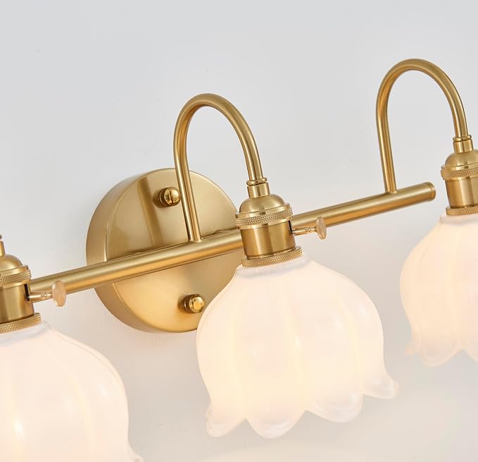 Bathroom Light Fixtures, 3-Light Brass Vanity Wall Light with Amber Tulip Glass Shades, Vintage Wall Sconce Over Mirror for Bathroom, Bedroom, Living Room (Bulbs Not Included) (White, 3-Light)