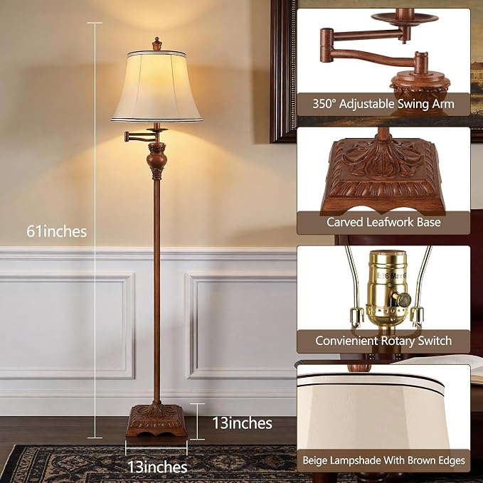 Vintage Floor Lamps for Living Room,Traditional 350° Adjustable Swing Arm Farmhouse Floor Lamp for Bedroom, Rustic Standing Lamp Pole Lamps for Reading, Home Décor and Office, Wood Grain