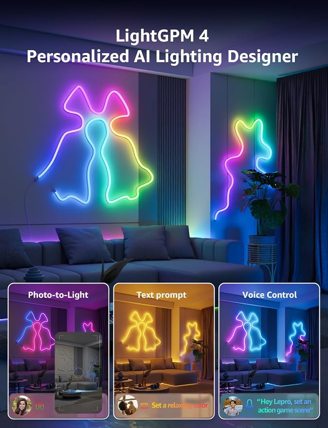 Lepro N1 AI Smart RGB Rope Lights for Christmas, Personalized AI Lighting Designer, LightBeats Music Sync, Color Segment DIY, Voice Control Via App, 32.8ft Wi-Fi & Bluetooth LED Strip Lights
