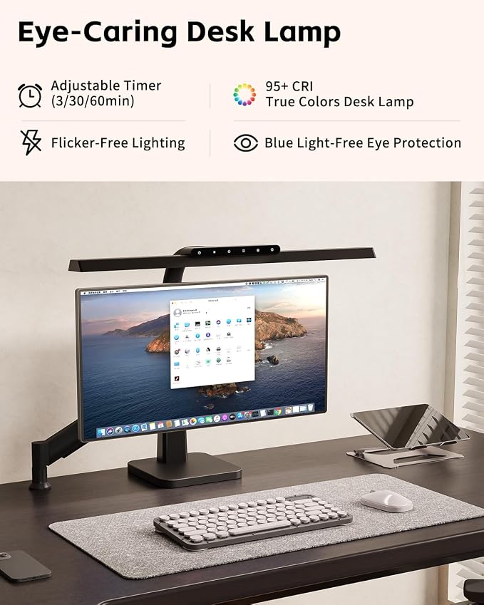 Desk Lamp with Stable Base, 1600LM Computer Desk Light with Timer Function | Eye-Caring Desk Light for Home Office, 3 Color Modes Stepless Dimming Task Light with Memory Function