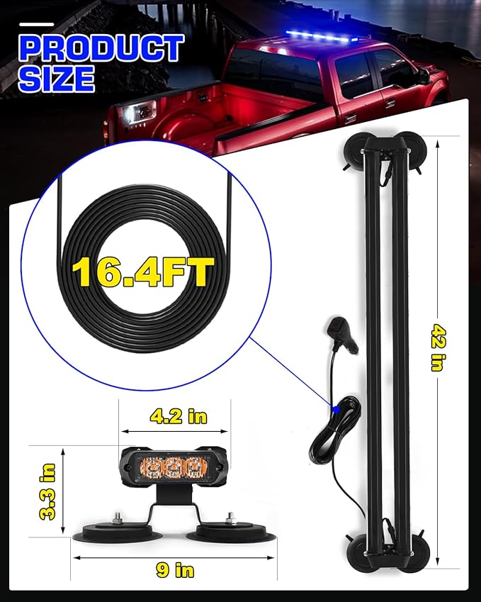 42" Emergency Traffic Advisor Light Bar Roof Top Emergency Strobe Light Bar Double Side Safty Flashing w/Magentic Mount for Construction Vehicles Plow Tow Trucks Pickup, Blue/White