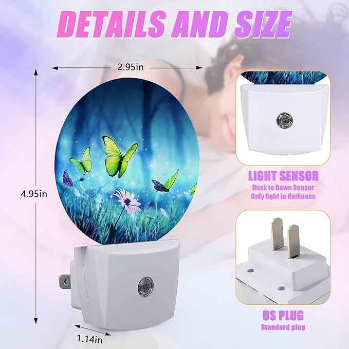 Butterfly Night Light Misty Forest Night Lights LED Lamp Round Plug into Wall Nightlight with Dusk to Dawn Sensor Home Hallway Stairway Kitchen Decor