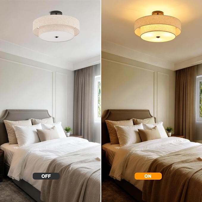 Modern Semi Flush Mount Ceiling Light 18" Modern 3-Lights Black Drum Ceiling Lighting Fixture with Linen Shade Vintage Ceiling Lamp for Kitchen, Basement, Laundry Room, Bedroom