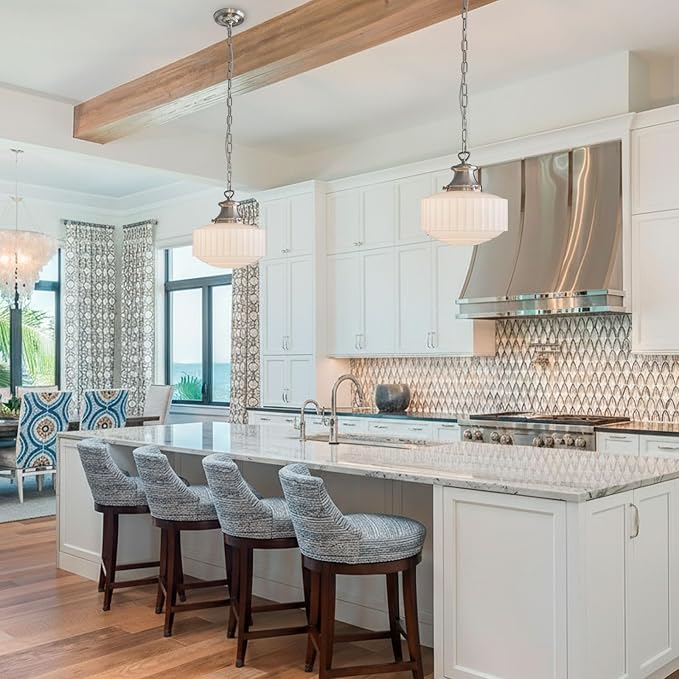 Vintage Milk Glass Pendant Light Fixtures, 10.63" Milk Glass Chandelier, Brushed Nickel Pendant Lights Kitchen Island, Milk Glass Pendant Light for Kitchen Island Lighting, Dining Room & Entryway