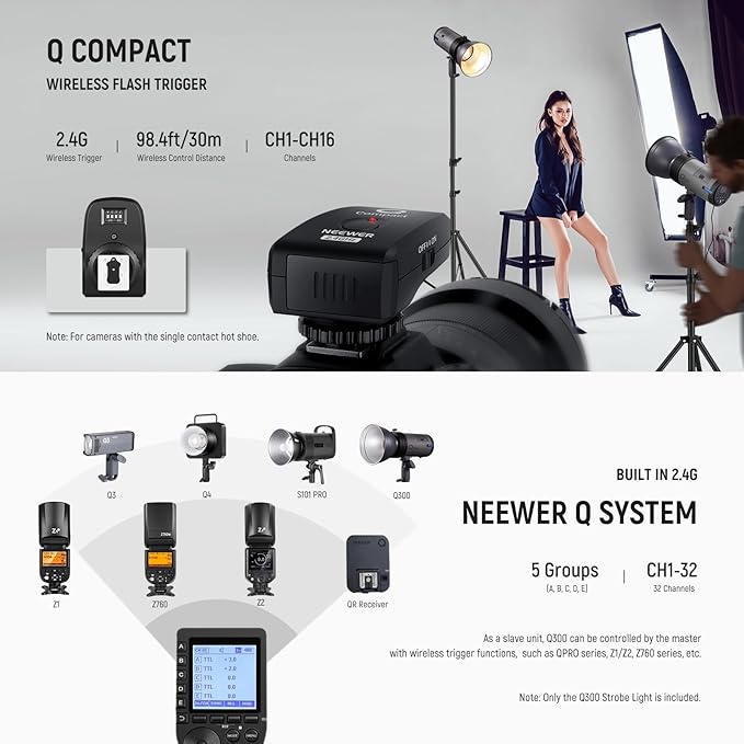 NEEWER Q300 300Ws 2.4G Outdoor Studio Flash with Q Compact Wireless Trigger, 7800mAh Li ion Battery Powered Strobe Light Photography Cordless Monolight with 1000 Full Power Flash 0.4-2.5s Recycle