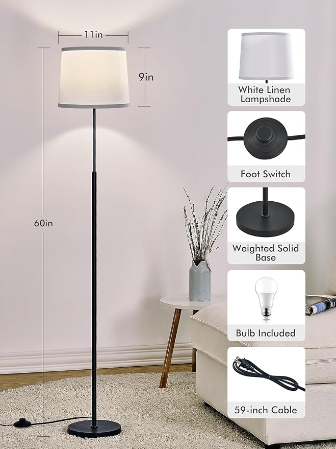 60" Modern Floor Lamp for Living Room Bedroom, Standing Lamp with White Linen Lampshade, Tall Lamp with A19 9W 3 Color Temperature Bulb, Foot Switch Control