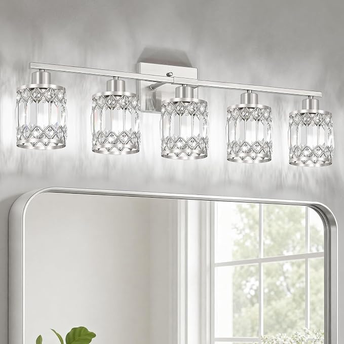 Crystal Modern Bathroom Light Fixtures, 5-Light Brushed Nickel Bathroom Vanity Wall Light, Vanity Lights for Mirror, Restroom, Bedroom (E26 Socket, Bulbs Not Included)
