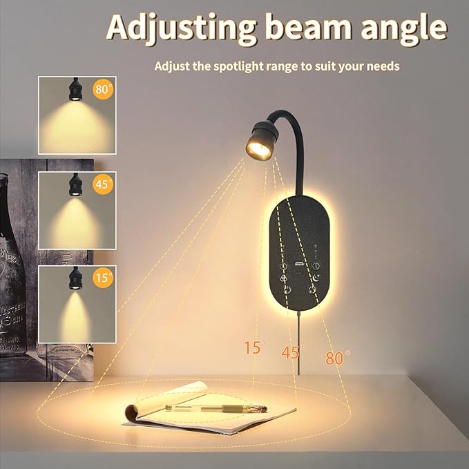 Wall Reading Light, LED Book Lights for Reading at Night, Wall Lamp with 3 Color Temperature & Timers, Adjustable Gooseneck Headboard Plug in Wall Sconce with USB C+A Ports
