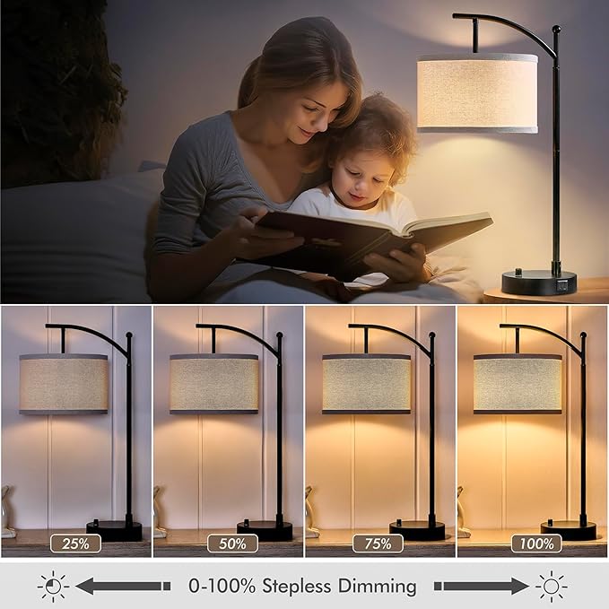 Table Lamp for Living Room Bedroom, 23.5" Table Lamp with USB C+A Ports, Bedside Lamp for Nightstand with Linen Lamp Shade, Dimmable LED Bulb Included