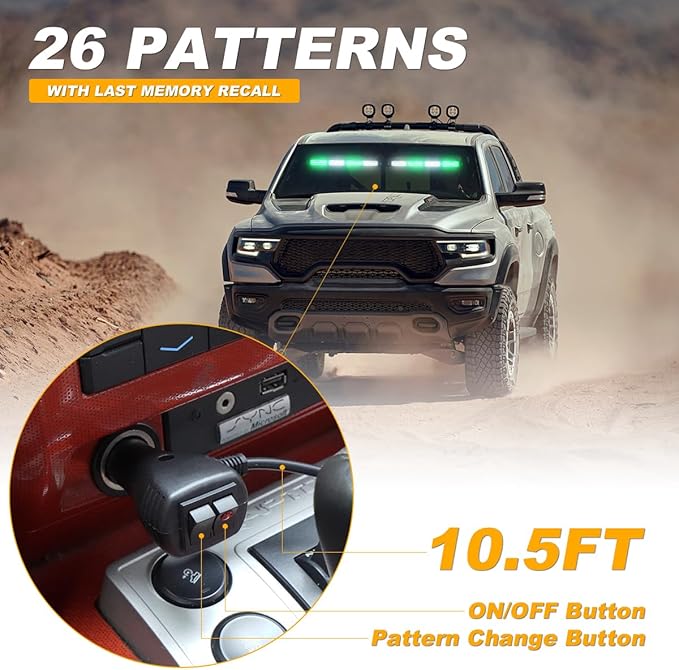 2 in 1 Traffic Advisor Light Bar Emergency Warning Flashing Safety Interior Windshield Strobe Lights for Construction Vehicles Snow plow Trucks, 2x17.7 Green/White