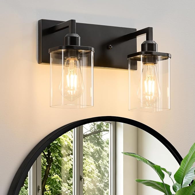 2-Light Bathroom Light Fixtures, Black Vanity Lights for Bathroom with Clear Glass Shade, Bathroom Lights Over Mirror, Modern Bath Wall Mounted Lamp for Living Room, Bedroom, Porch