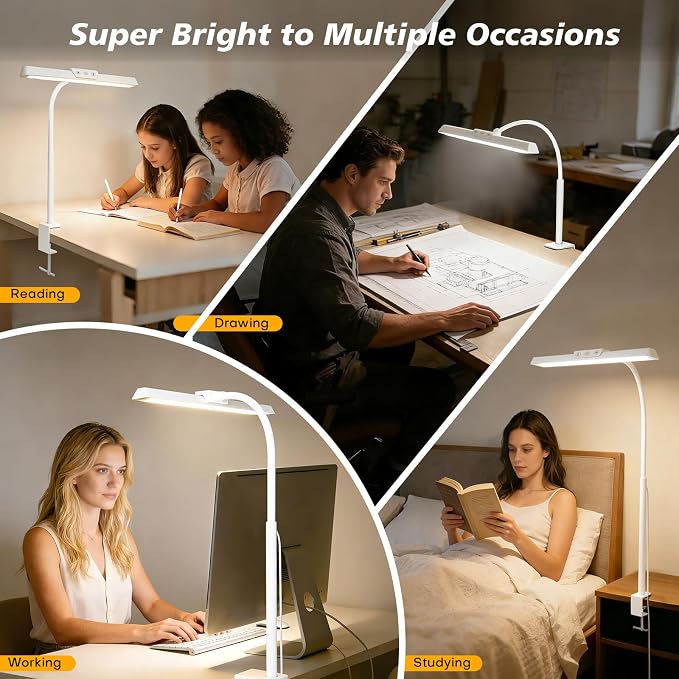 LED Desk Lamp for Office Home, Stepless Dimming Architect Desk Light with DC Adapter, Eye-Caring Desk Lamp with Clamp, 25 Lighting Modes Adjustable 12.8in Flexible Gooseneck for Workbench(White)