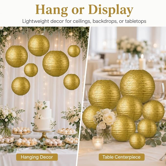 LIHAO 10 Pack Gold Paper Lanterns, 6/8/10/12 Inch, Graduation Party Decor | Chinese Lantern, Ceiling Hanging Decor, Birthday & Wedding Decorations