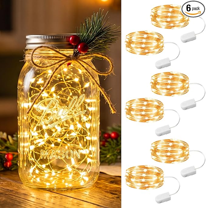 HXWEIYE 6 Pack Fairy Lights Battery Operated, 7ft 20LED | Mini Firefly Starry Lights, Mason Jar Light, For Indoor Outdoor Bottle Tree Wreath Wedding Halloween Thanksgiving, Warm White