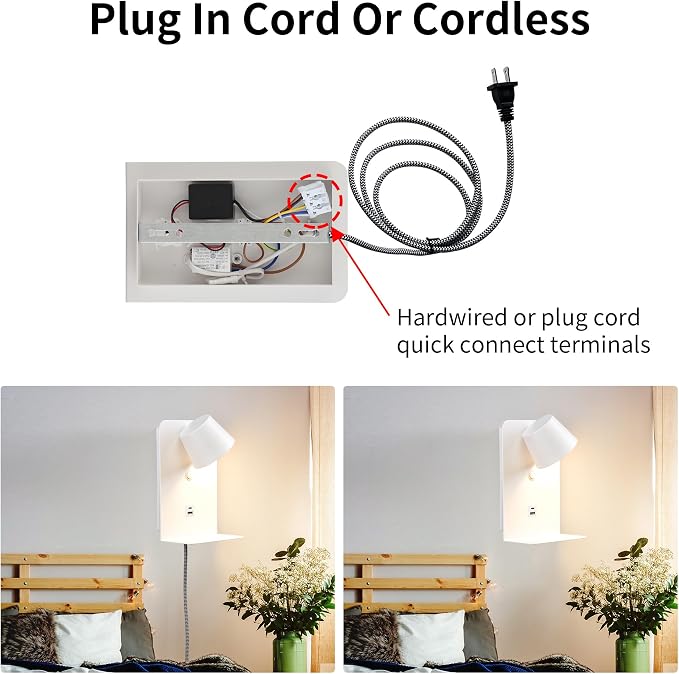 DEC LUCE DECOLUCE LIGHTING Modern LED Plug in Wall Sconce, Dimmable Wireless Wall Light Fixtures with Shelf and USB Port, 6W,600LM, Rotatable Small Reading Wall Lamp for Bedroom Bedside, White