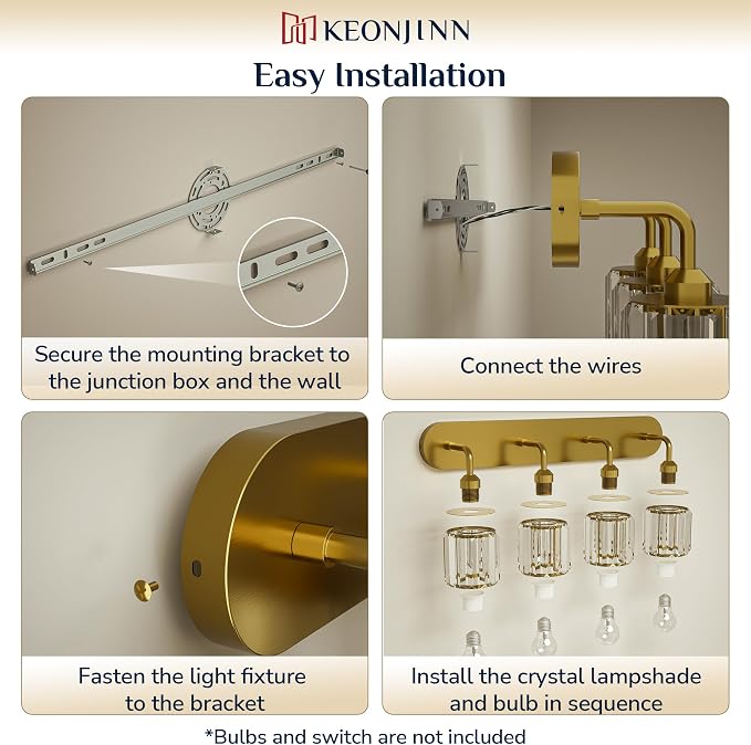 Keonjinn 4-Light Gold Bathroom Light Fixtures Over Mirror, Crystal | Vanity Lighting Fixture with Crystal Square Shades, Dimmable, Modern Style, Compatible with E26 Base LED Bulbs (Exclude Bulb)