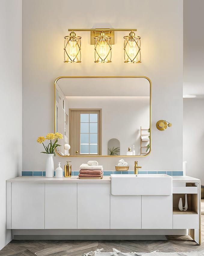 3-Light Brushed Gold Bathroom Light Fixtures, 21 Inch Modern Bathroom Vanity Lighting Fixtures Over Mirror with Clear Glass and Metal Cage Wall Sconce Lights for Bath, E26, CH9176BG-3W