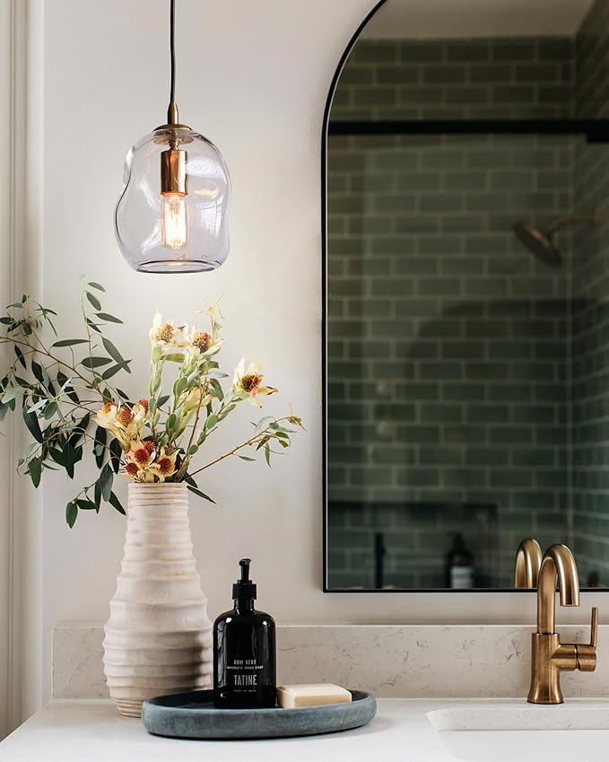 CASAMOTION Modern Glass Pendant Light Kitchen Island Brass Gold Blown Clear Glass, Organic Globe Design Industrial Contemporary Style Sink Bar Counter Porch Small Medium Lamp 8 Inch H