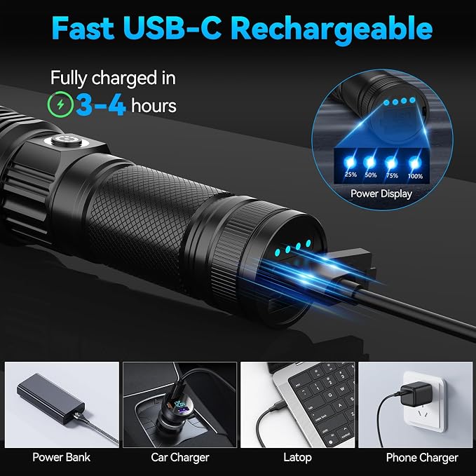 Rechargeable Flashlights High Lumens 2 Pack, Super Bright Tactical Flashlight 3 Modes with Power Display, Waterproof Zoomable LED Flash Light for Home Emergencies Camping Hiking