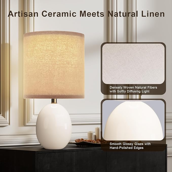 17.3" Table Lamp Set of 2 for Living Room Bedroom, Bedside Lamps for Night Stands, Desk Nightstand Lamp Dimmable, Modern Linen Cream Ceramic Lamps (White-B)