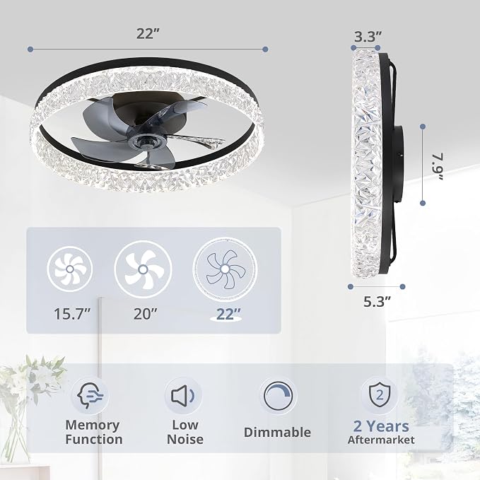 LEDIARY 22" Ceiling Fans with Lights and Remote, Fandelier Black | 3CCT, 6 Speeds, Dimmable Low Profile, Flush Mount Ceiling Fan, Timer, Reversible, Memory, Bedroom, Living Room, Kitchen
