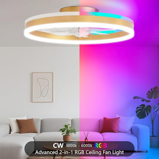 RGB Ceiling Fan with Light, 20'' Low Profile Ceiling Fans with Remote Control, Smart Gold Flush Mount LED Fan Light, Modern Bladeless Fandelier for Bedroom, Living Room, Kitchen