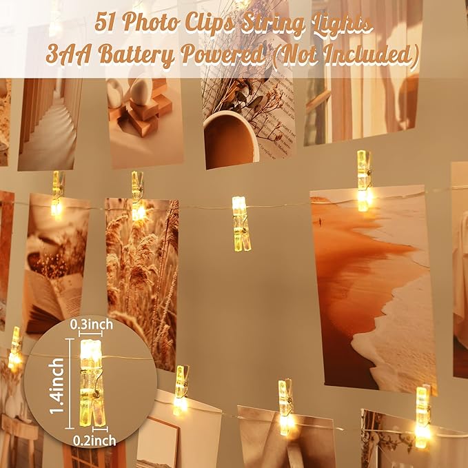 Photo Clips String Light,33FT Fairy Lights with 51 Clips, Battery Operated String Lights with Clips for Pictures, Room Decorations for Dorm Wall Bedroom Wedding Christmas Tree(Plating Clips)