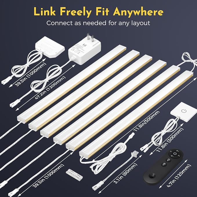 V4light Under Cabinet LED Lighting Bars, 6Pcs Gold, Plug-in, Dimmable | 0.3in Ultra-slim aluminum bars with touch dimmer & remote, 2700K–6500K adjustable, ideal for closet, shelf & display cabinet