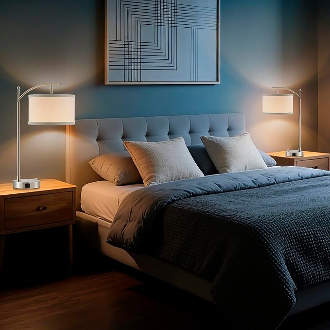 Table Lamp for Living Room Bedroom, 23.5" Table Lamps Set of 2 with USB C+A Ports, Bedside Lamps for Nightstand with Linen Lamp Shades, 2 Dimmable LED Bulbs Included, Silver