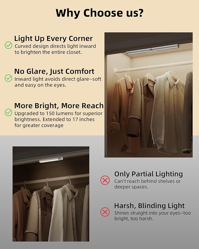 EZVALO 17Inch Motion Sensor Closet Lights, 3600mAh Rechargeable Battery LED Cabinet Lights, 150 Lumens No-Glare Curved, 3 Color Temps & Dimmable Pantry Lights for Wardrobe, Shelves - 2Pack