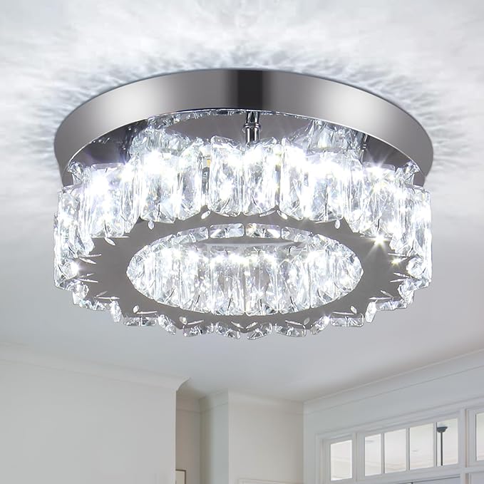 9.8" Crystal Flush Mount Ceiling Light Fixtures Modern Crystal Chandeliers Light Fixture LED Round Mini Ceiling Lamp for Kitchen 17W 6500K