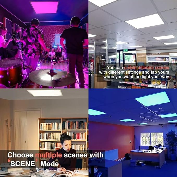 4 Pack 2X4 FT LED RGBW 5000K Multicolor Flat Panel, Light Remote & App Controlled 60W 6600lm Color Changing LED Panel Light Smart Wi-Fi Drop Ceiling Light with Alexa/Google Assistant