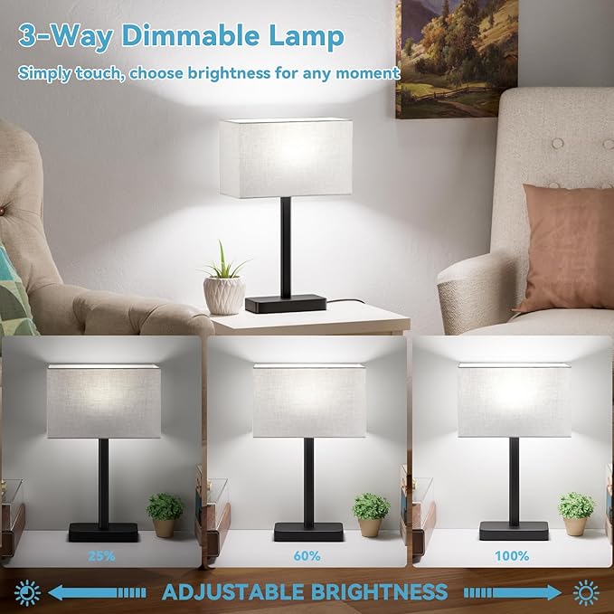 Touch Lamps for Bedroom, 3 Way Dimmable Grey Bedside Table Lamps Set of 2 | USB C+A Charging Port, Modern Table Lamp for Night Stands, Desk Lamp for Nightstand, Bed Side, Living Room, End Tables