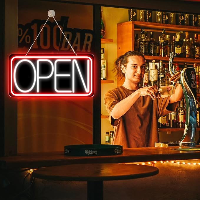 22" X 11" Led Neon Open Signs for Business, Large Open Signs, Plug In Electric Light Up with ON/OFF Switch, Ultra Bright Open Sign for Bar Salon Coffee Stores Club Hotel (Black Backplate)
