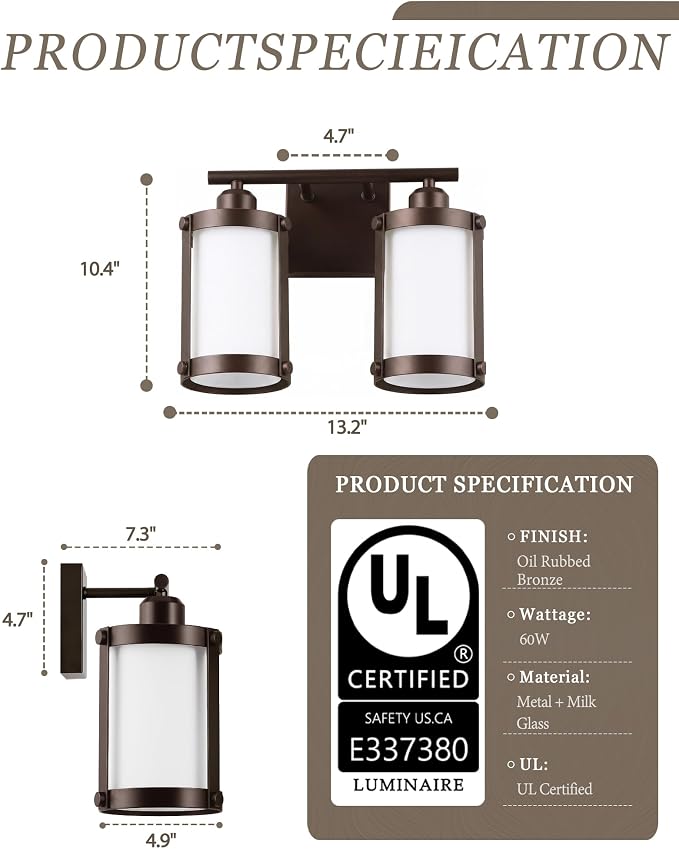 2-Light Oil Rubbed Bronze Bathroom Light Fixtures Over Mirror with Frosted Milk Glass and Metal Cage Shade, 13.2" UL-Listed Modern Farmhouse Wall Sconce for Bath, Hardwire E26, OS-3014ORBW-2W