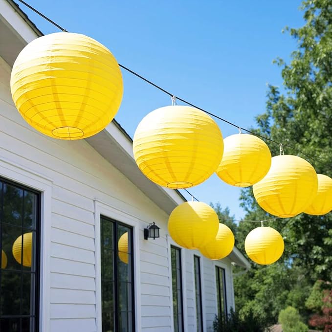Chinese Paper Lanterns - Pack of 10, 10-Inch Yellow Hanging Lights for Birthday Party Decorations, Ceiling Decor, Rainbow Classroom, Wedding, and Home Party
