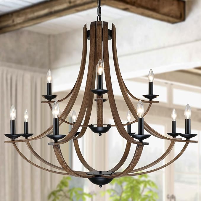 Farmhouse Chandeliers for Dining Room Light Fixture, 2 Tier 12-Light 41" Adjustable Height Retro Faux Wood Texture Rustic Light Fixtures for Living Room Bedroom Foyer Entryway