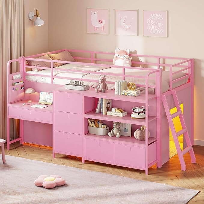 Low Loft Bed Twin Size with Desk, 6 Storage Drawers & Bookshelf, Kids Loft Bed with LED Lights & Under-Bed Play Space, Heavy Duty Metal Bed Frame with 13.8"H Safety Guardrail & Ladder, Pink