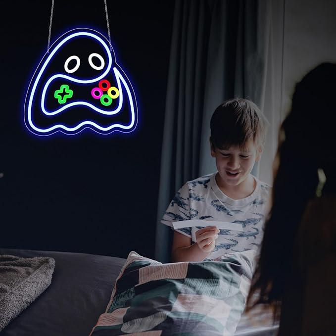 Ghost Neon Sign, JGHTURIE Gamer Neon Signs for Wall Decor Gaming Light Up Blue Led Sign USB Powered Game Room, Man Cave Decor