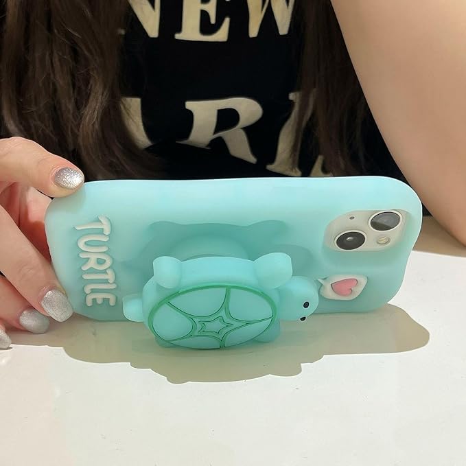 Kawaii Phone Case for iPhone 13 Promax with Kickstand Cute 3D Cartoon Night Light Turtle Silicone Protective Case Cover for Women & Girl