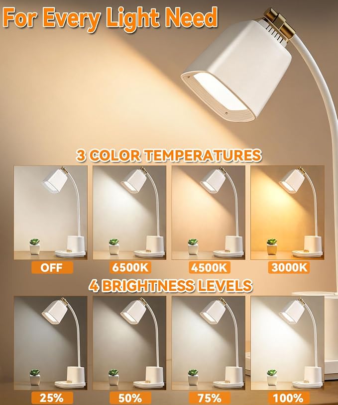 LED Desk Lamps for Home Office with Charger, Organizer, Desk Light Table Lamp for Bedroom, Study, Reading, Work, Nail, Gooseneck Small Desk Lamp for Artist, Puzzle, Drawing, Eye-Caring LED Office Lamp